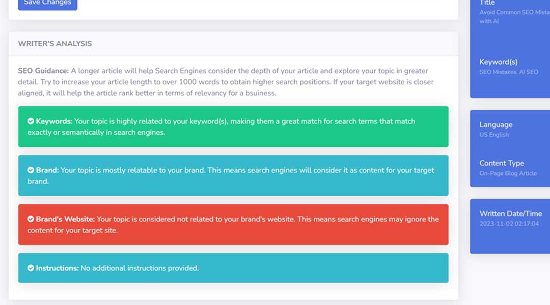 SEO GPT 2 provides content optimization analysis based on dynamic topic relations.